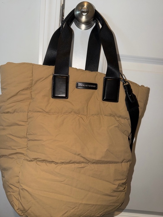 Max Studio Handbags - Max Studio Tan Quilted Tote with Black Straps